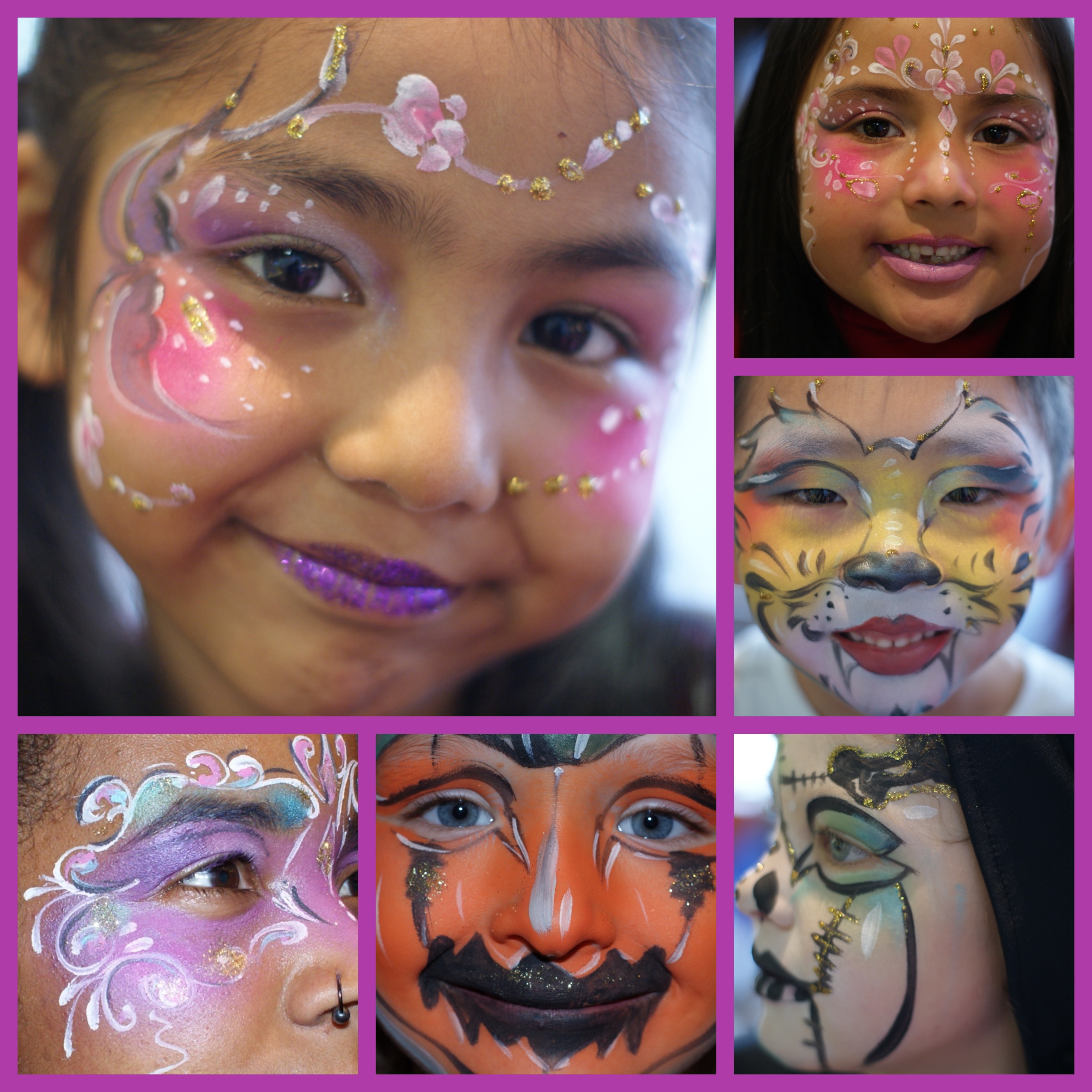 Six photographs of painted faces showing examples of work by London Face Painters at children's partis and family events in London.