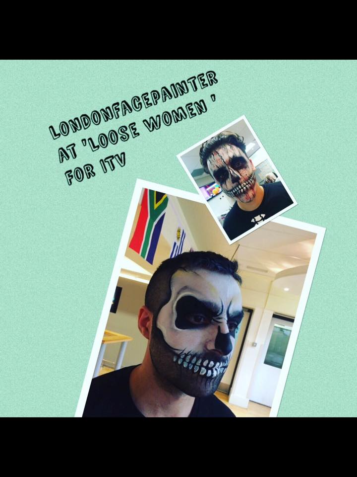 Skull face painting in black and white on a male face done by London Face Painters for the Loose Women ITV series